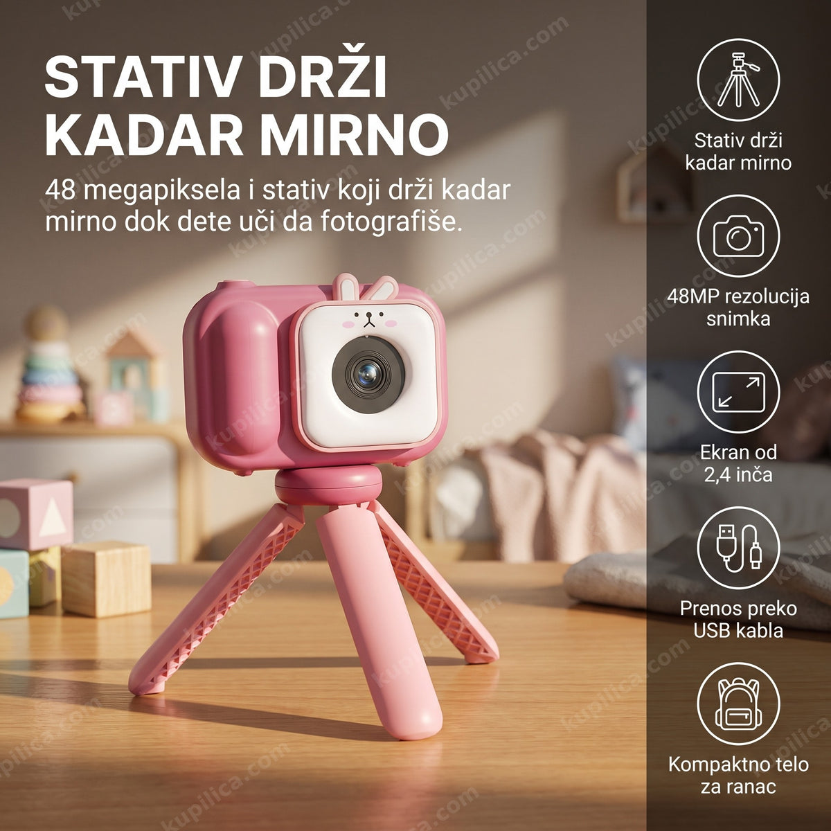 dečiji fotoaparat sa stativom na stolu u dečijoj sobi, prikaz benefita proizvoda