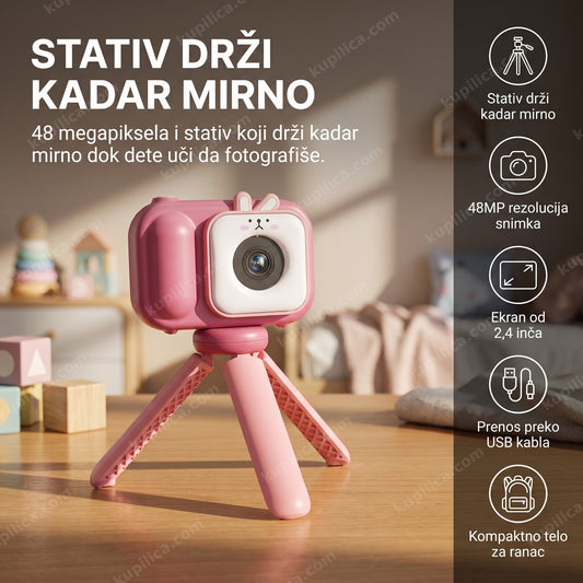 dečiji fotoaparat sa stativom na stolu u dečijoj sobi, prikaz benefita proizvoda