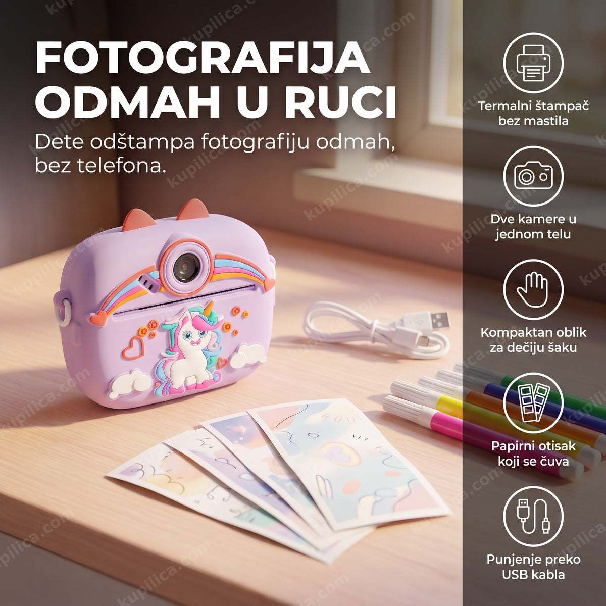 dečiji fotoaparat jednorog sa termalnim štampačem i odštampanim fotografijama, benefiti proizvoda