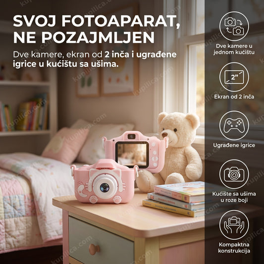 dečiji fotoaparat sa ušima roze na noćnom stočiću u dečijoj sobi, benefiti proizvoda