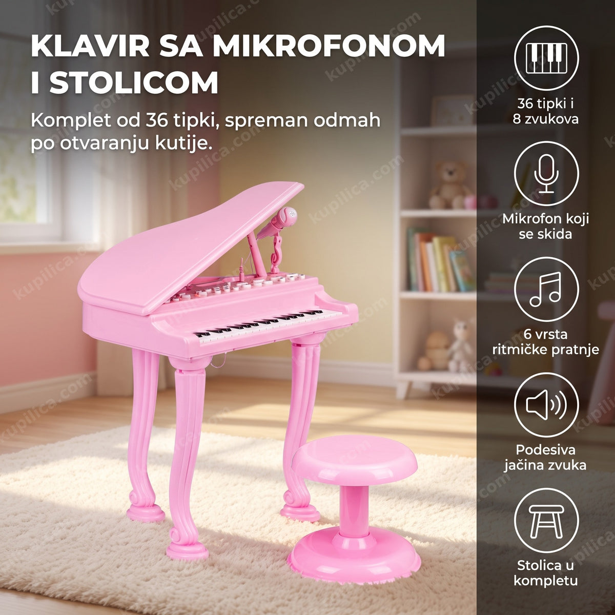 roze dečiji klavir sa mikrofonom i odvojenom stolicom u dečjoj sobi