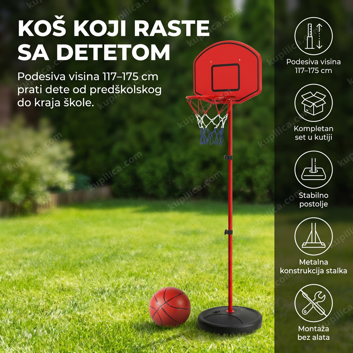 dečiji koš za košarku — prazan koš sa loptom u dvorištu, benefiti proizvoda