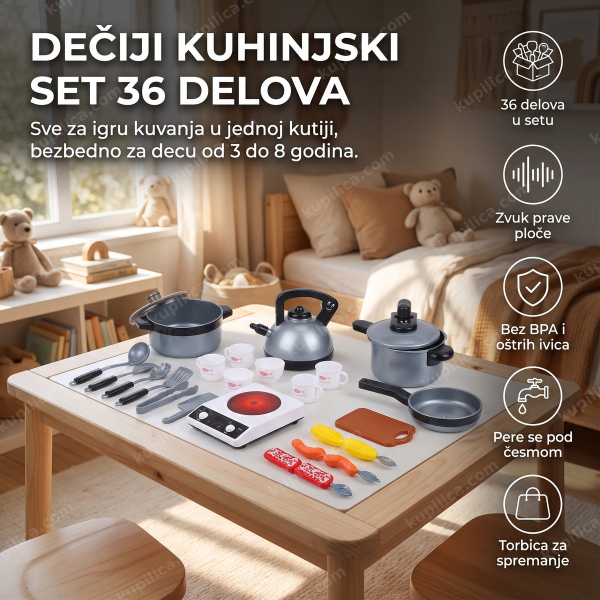 dečiji kuhinjski set sa 36 delova posuđa i pribora na stočiću, benefiti proizvoda