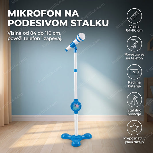 plavi dečiji mikrofon sa stalkom podesive visine u dečjoj sobi