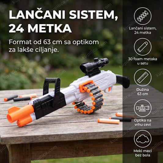 beli dečiji mitraljez na mekane metkiće sa optikom i lančanim sistemom