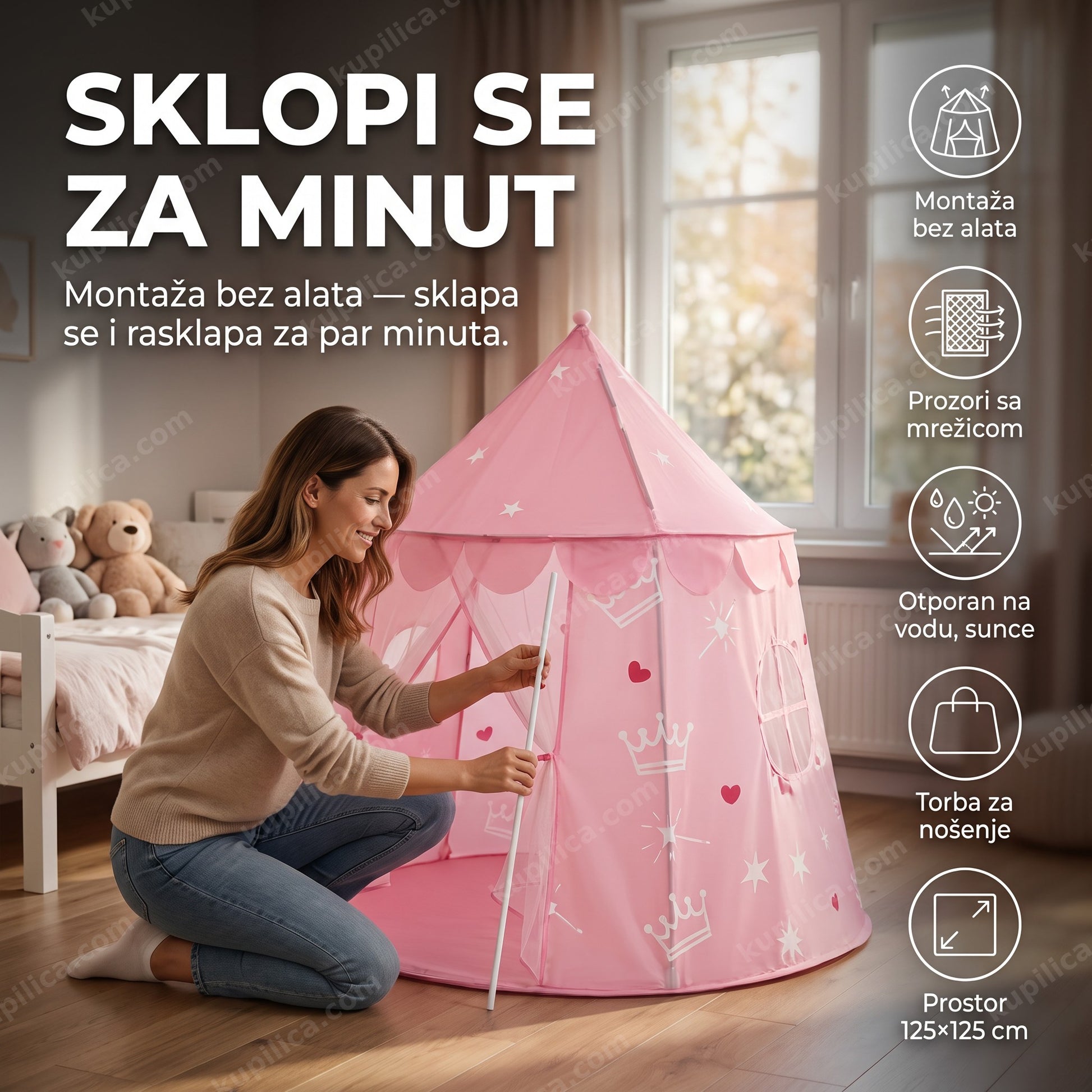 dečiji šator dvorac roze — žena sklapa roze šator dvorac u dečijoj sobi, benefiti proizvoda