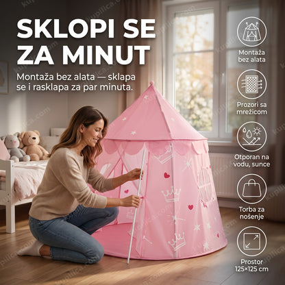 dečiji šator dvorac roze — žena sklapa roze šator dvorac u dečijoj sobi, benefiti proizvoda