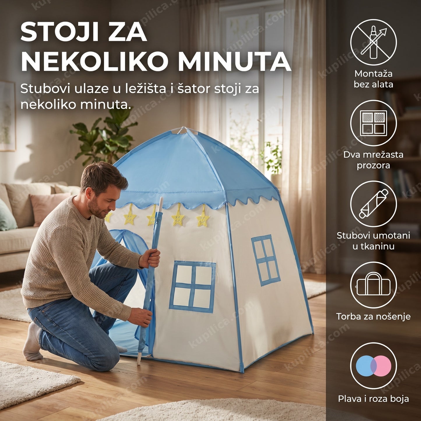 dečiji šator kućica za igru — muškarac sklapa plavi šator kućicu u dnevnoj sobi, benefiti proizvoda