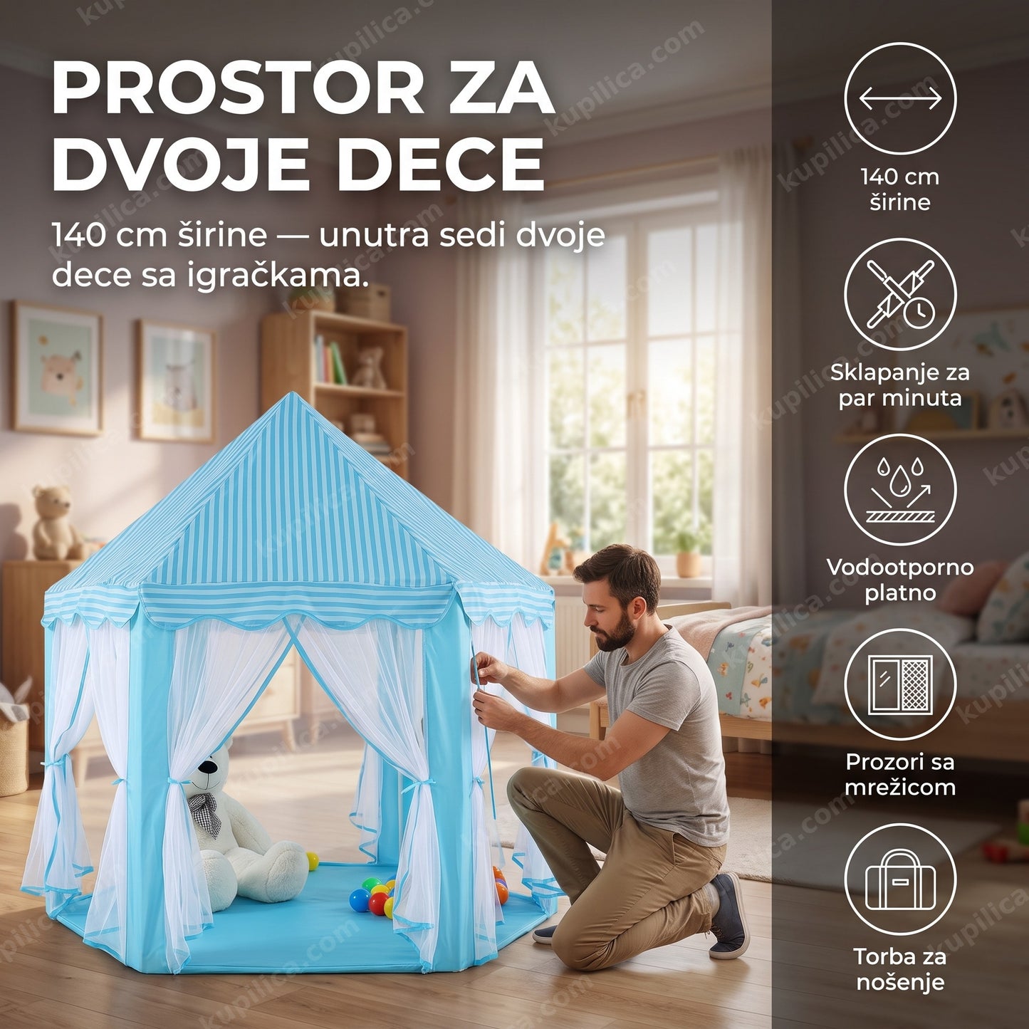 dečiji šator zamak 140 cm — muškarac sklapa šator zamak pored kreveta, benefiti proizvoda