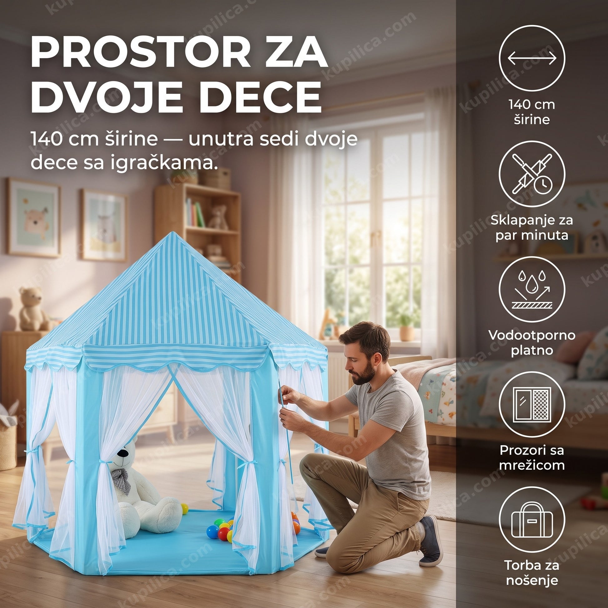 dečiji šator zamak 140 cm — muškarac sklapa šator zamak pored kreveta, benefiti proizvoda
