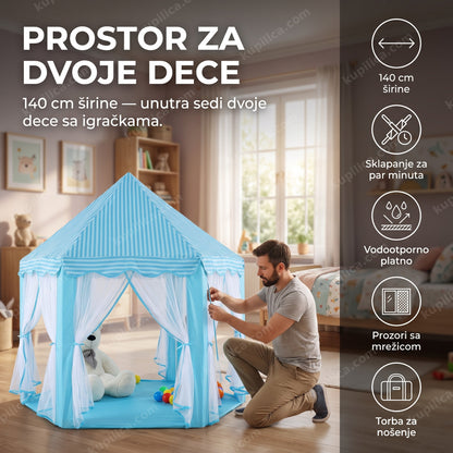 dečiji šator zamak 140 cm — muškarac sklapa šator zamak pored kreveta, benefiti proizvoda