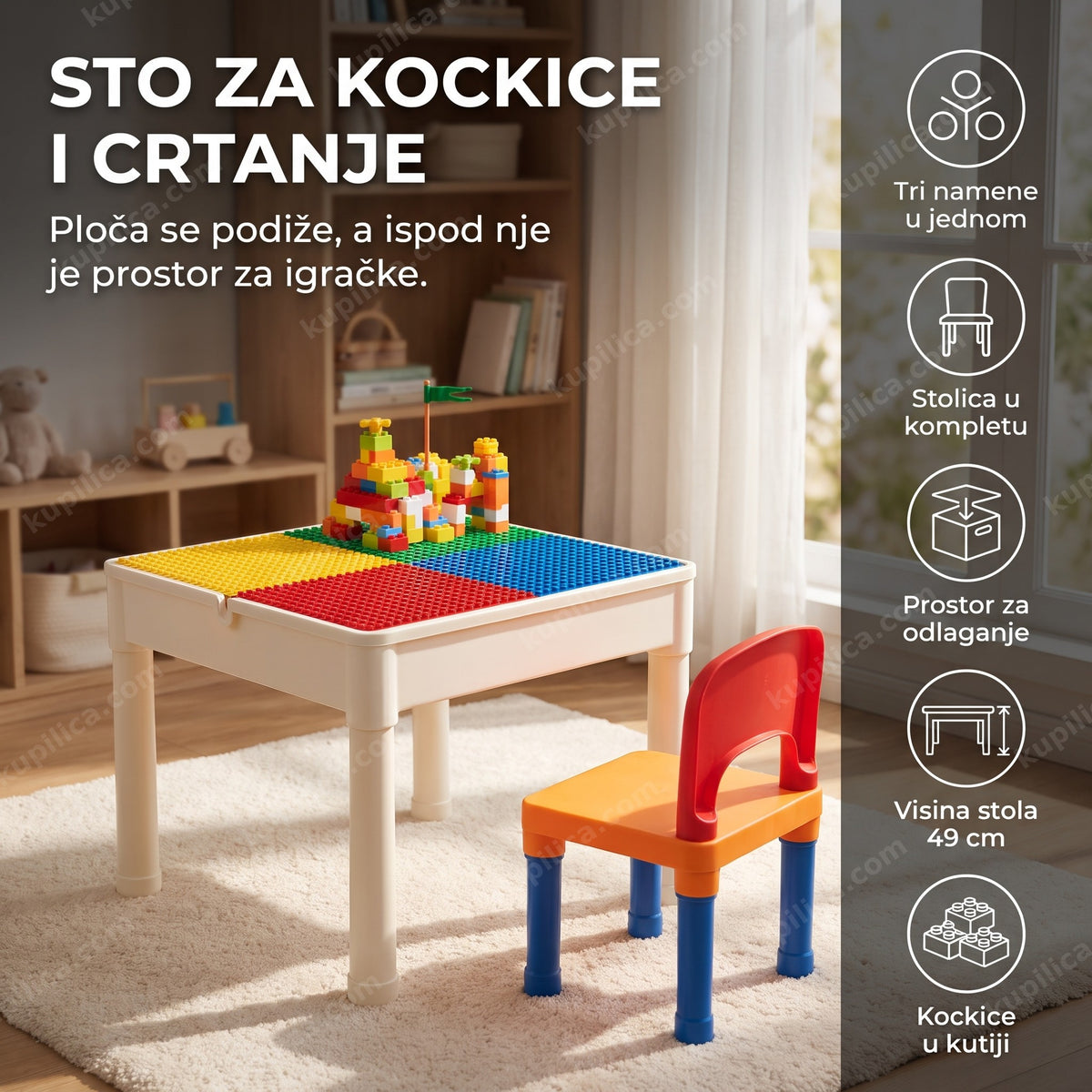 dečiji sto za kockice 3u1 sa stolicom i šarenim pločama za slaganje u dečjoj sobi