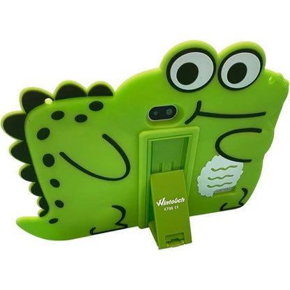 zeleni dečiji tablet u krokodil maski postavljen na sto uz postolje