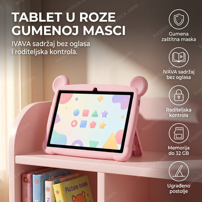 roze dečiji tablet sa gumenom maskom i ugrađenim postoljem na stolu