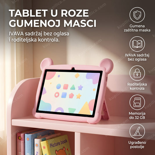 roze dečiji tablet sa gumenom maskom i ugrađenim postoljem na stolu