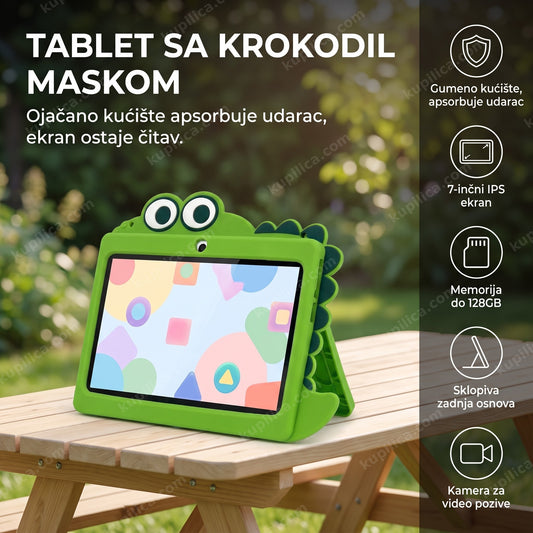 zeleni dečiji tablet sa krokodil maskom i sklopivom osnovom na stolu