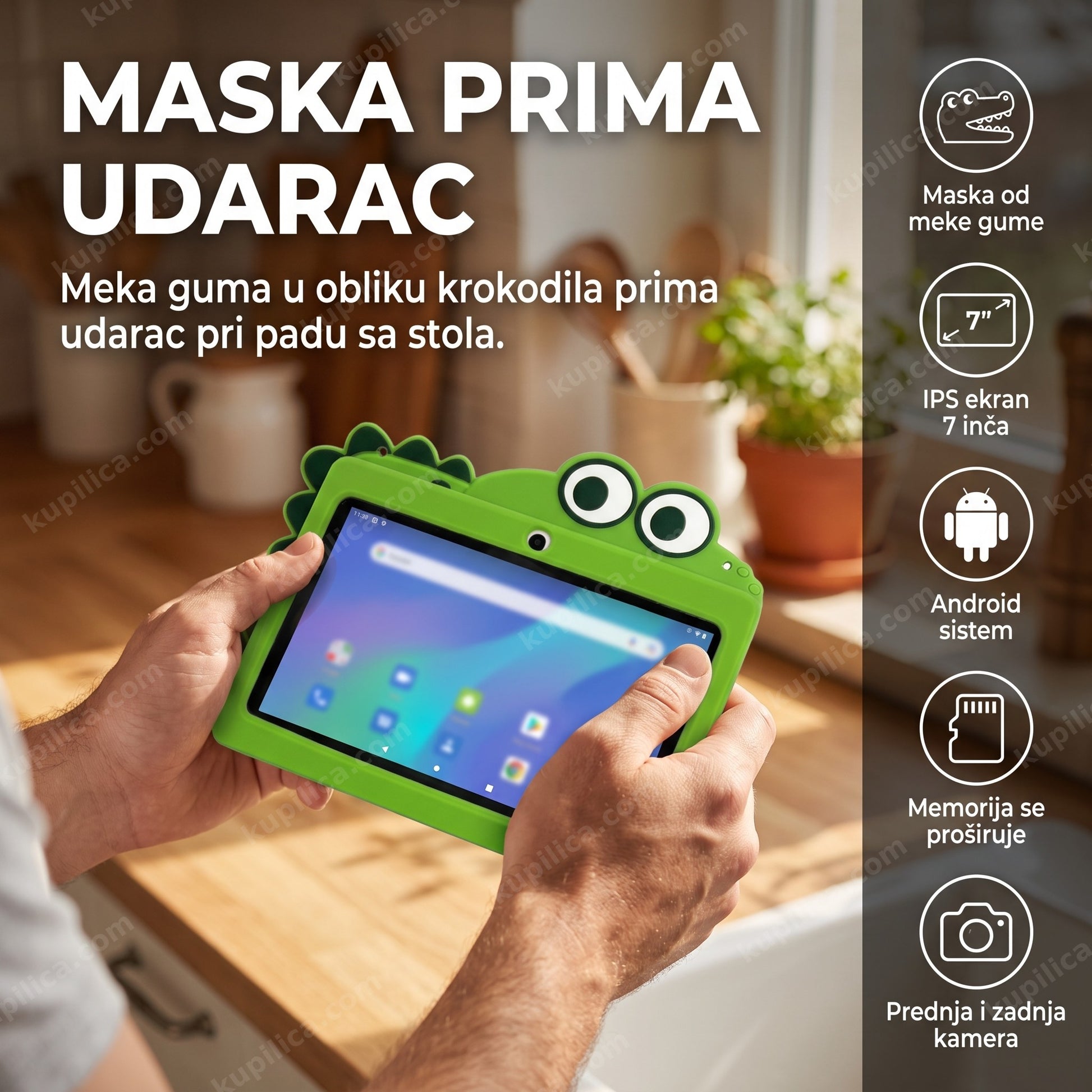 dečiji tablet sa maskom krokodil — ruke drže zeleni tablet u gumenoj maski, benefiti proizvoda