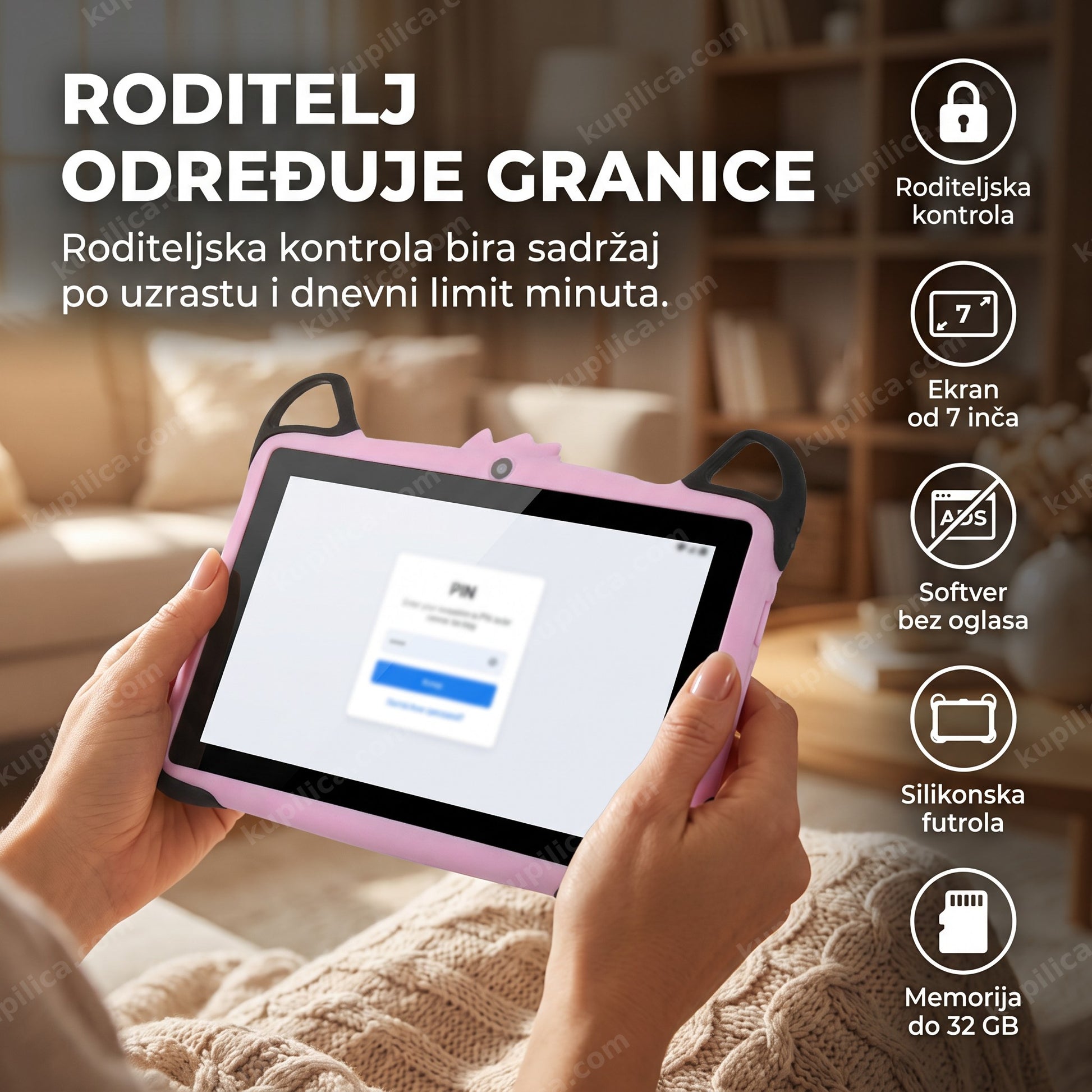 dečiji tablet sa roditeljskom kontrolom — ruke podešavaju roditeljsku kontrolu na roze tabletu, benefiti proizvoda