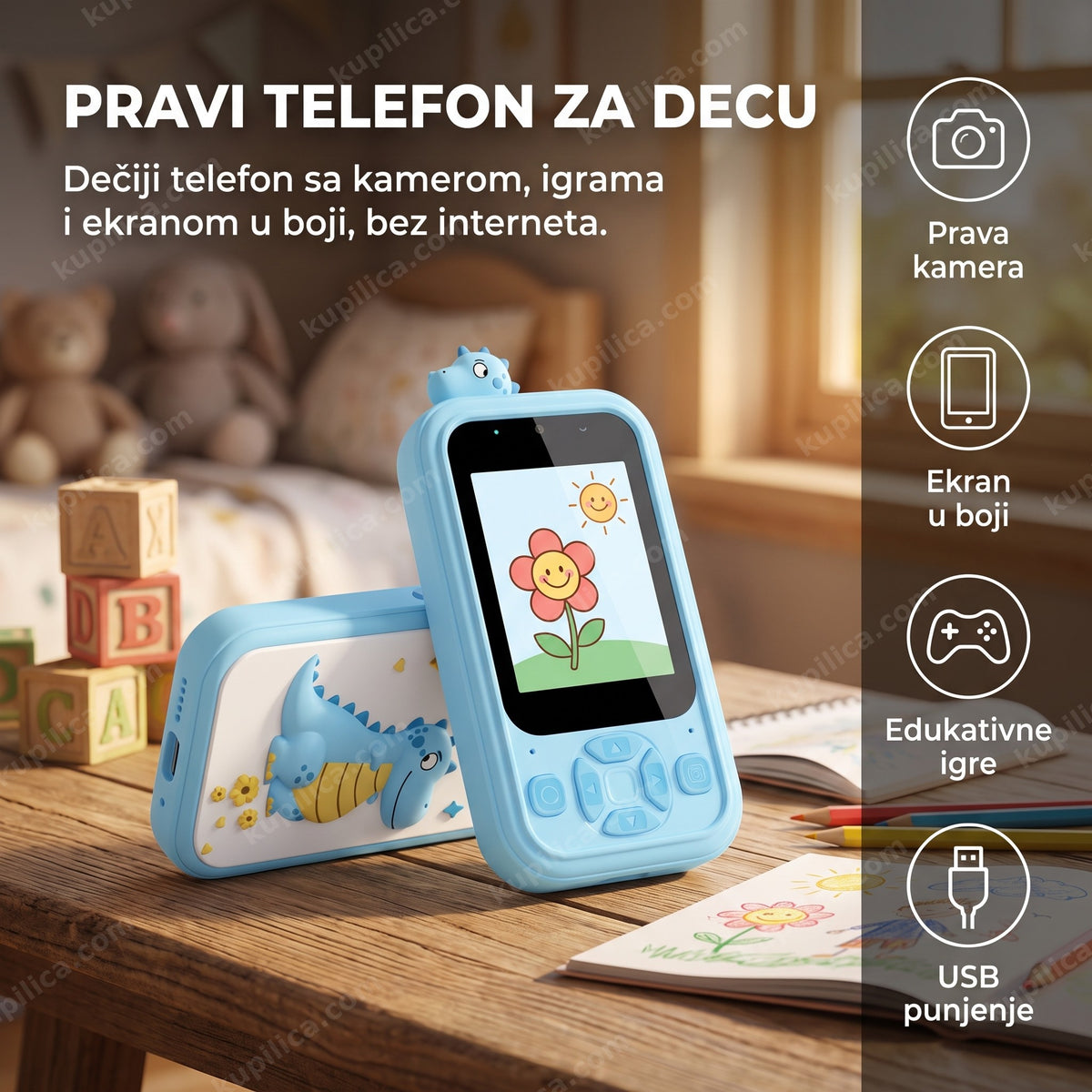 dečiji telefon sa kamerom za decu na polici u dečijoj sobi, benefiti proizvoda