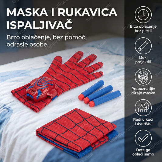 dečja maska i rukavica ispaljivač sa mekim projektilima na drvenoj podlozi