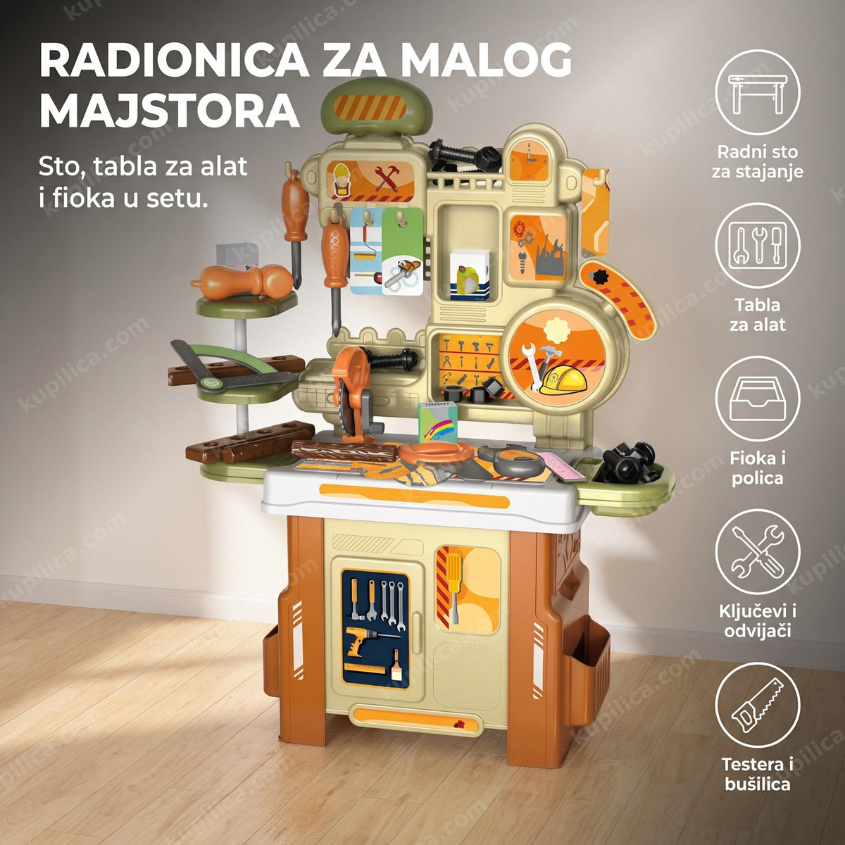 dečja radionica sa alatom, radnim stolom i tablom za alat u svetloj sobi