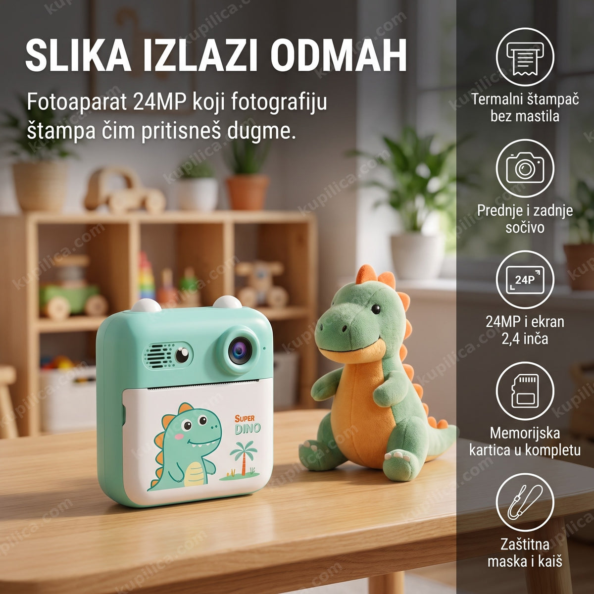 Tirkizni dečji fotoaparat sa motivom dinosaurusa na stolu, prikaz benefita proizvoda