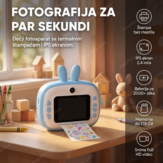 Plavi dečji fotoaparat sa motivom zeke na dečjem stočiću, benefiti proizvoda