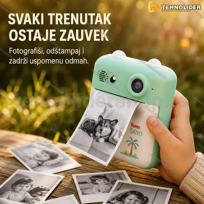 Dečji fotoaparat sa štampačem dinosaurus tirkizni iz prednjeg ugla