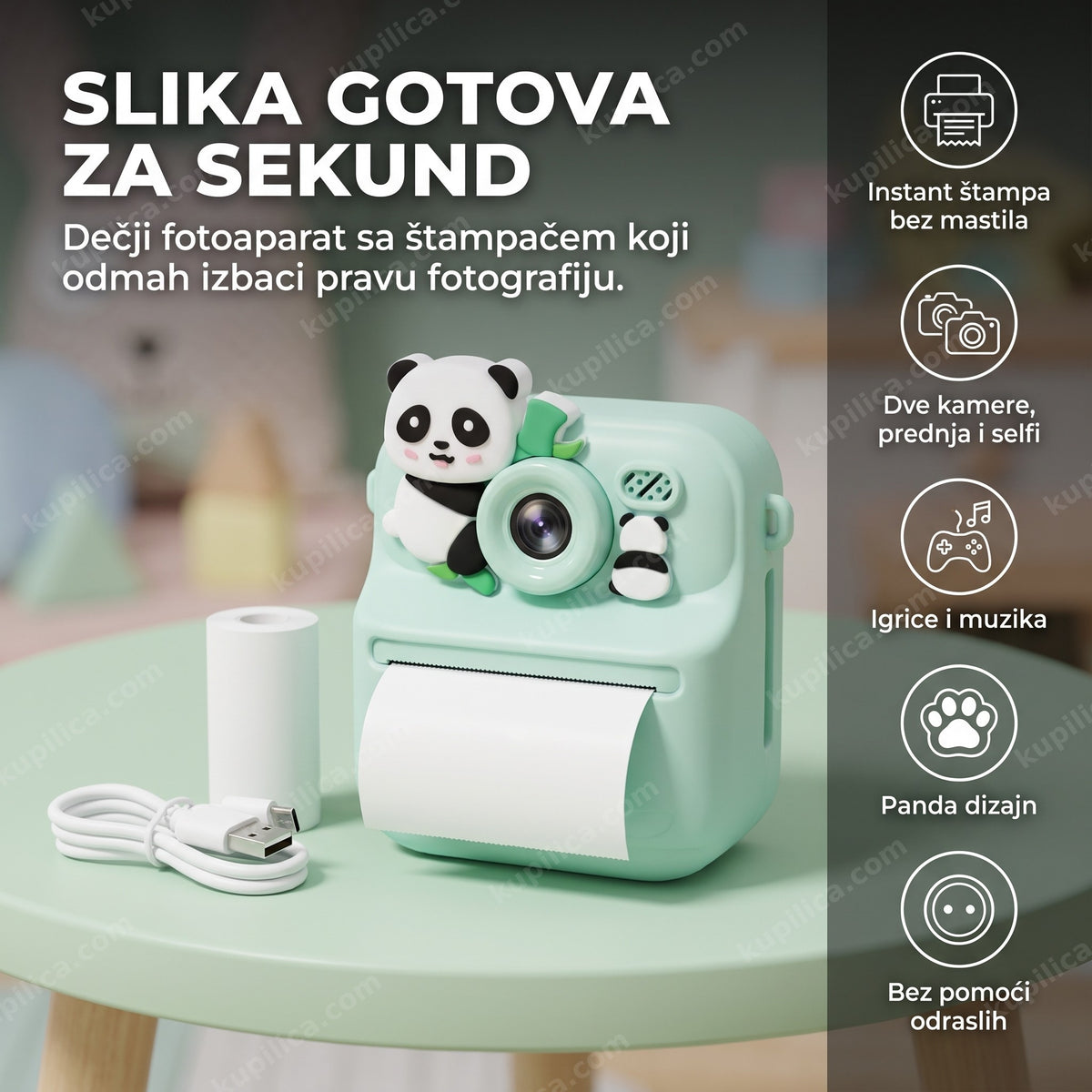 svetlozeleni dečji fotoaparat sa štampačem i pandom na kućištu