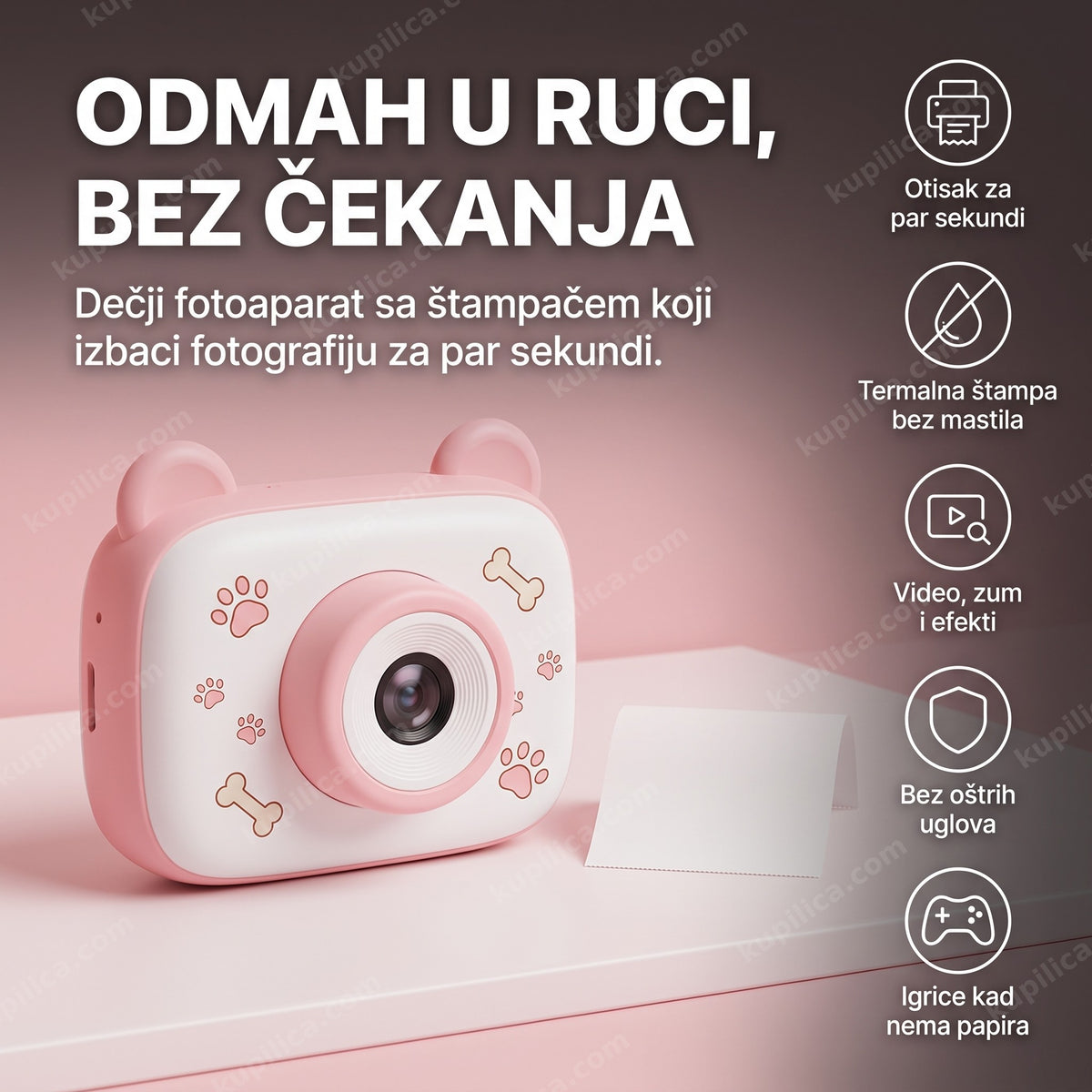 roze dečji instant fotoaparat sa štampačem i crtanim šapama