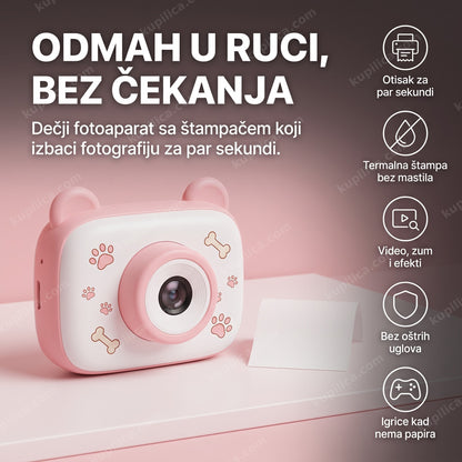 roze dečji instant fotoaparat sa štampačem i crtanim šapama