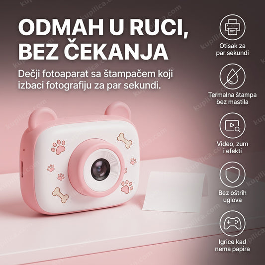 roze dečji instant fotoaparat sa štampačem i crtanim šapama