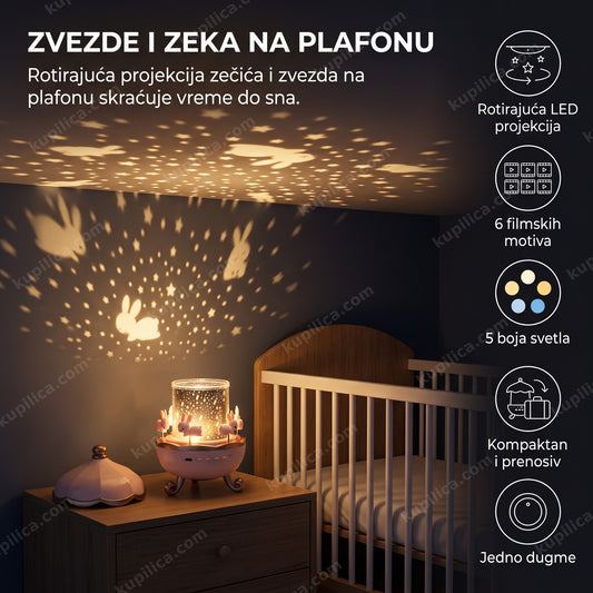 dečji noćni projektor projektuje zvezde i zečiće na plafon prazne sobe, benefiti proizvoda