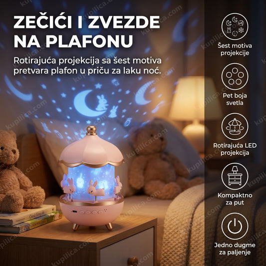 dečji projektor sa zečjim nebom projektuje zvezde i mesec na plafon dečje sobe, prikaz benefita proizvoda