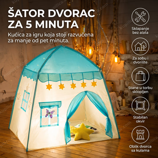 plavo-beli dečji šator dvorac sa zvezdicama i prozorčićem u dečjoj sobi