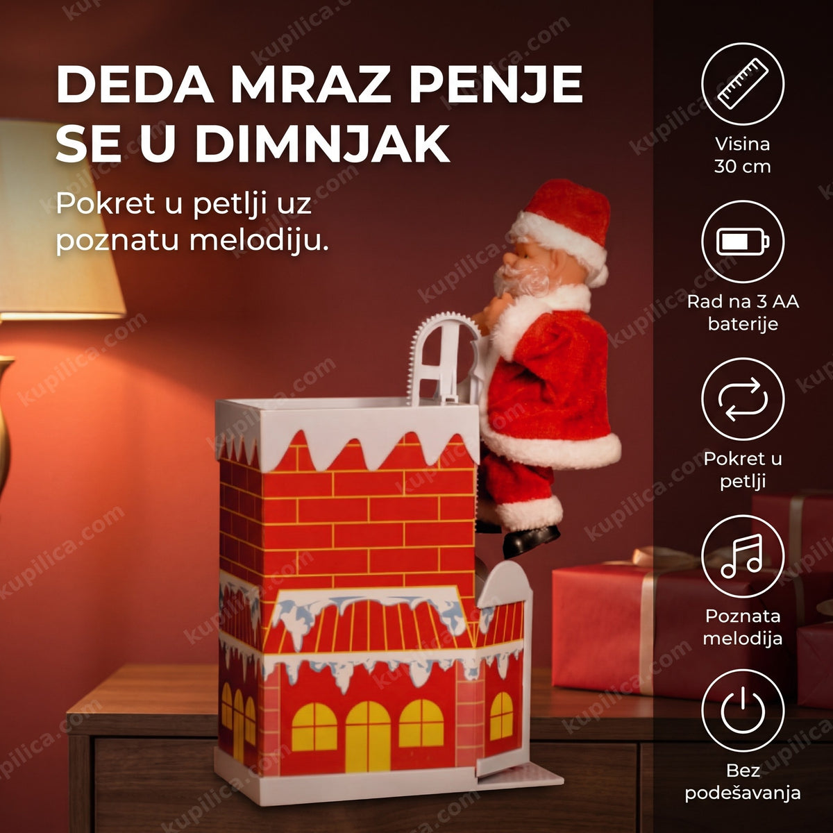 animirana figura deda mraz u dimnjaku na komodi ispred crvenog zida i poklona