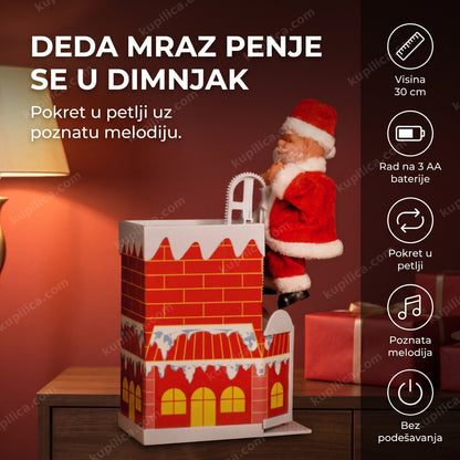 animirana figura deda mraz u dimnjaku na komodi ispred crvenog zida i poklona