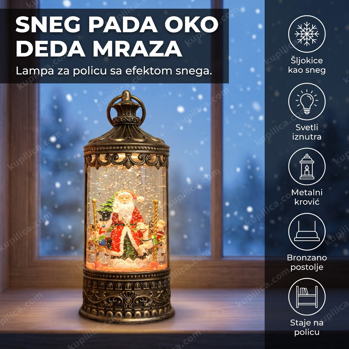 dekorativna lampa sa deda mrazom i efektom snega na prozorskoj dasci uveče