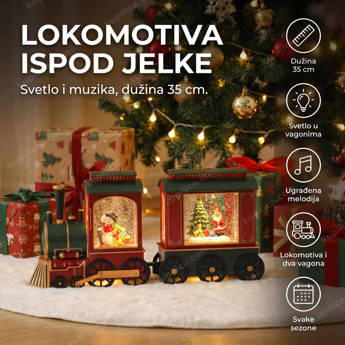 dekorativna lokomotiva sa deda mrazom i muzikom ispod novogodišnje jelke