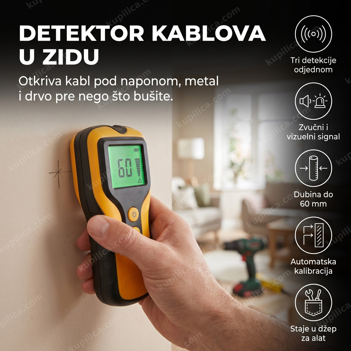 ruka drži detektor kablova u zidu sa označenim mestom bušenja, benefiti proizvoda