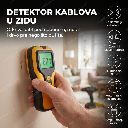 ruka drži detektor kablova u zidu sa označenim mestom bušenja, benefiti proizvoda