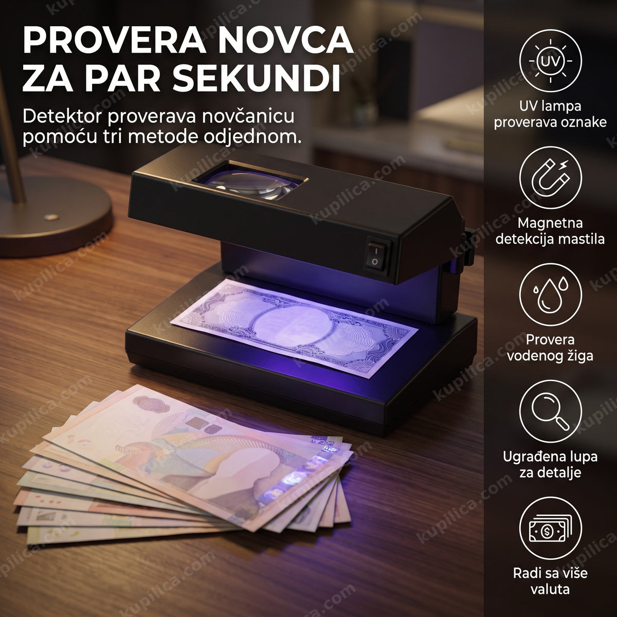 crni detektor lažnog novca sa uv lampom i lupom na stolu