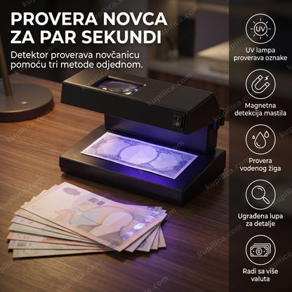 crni detektor lažnog novca sa uv lampom i lupom na stolu
