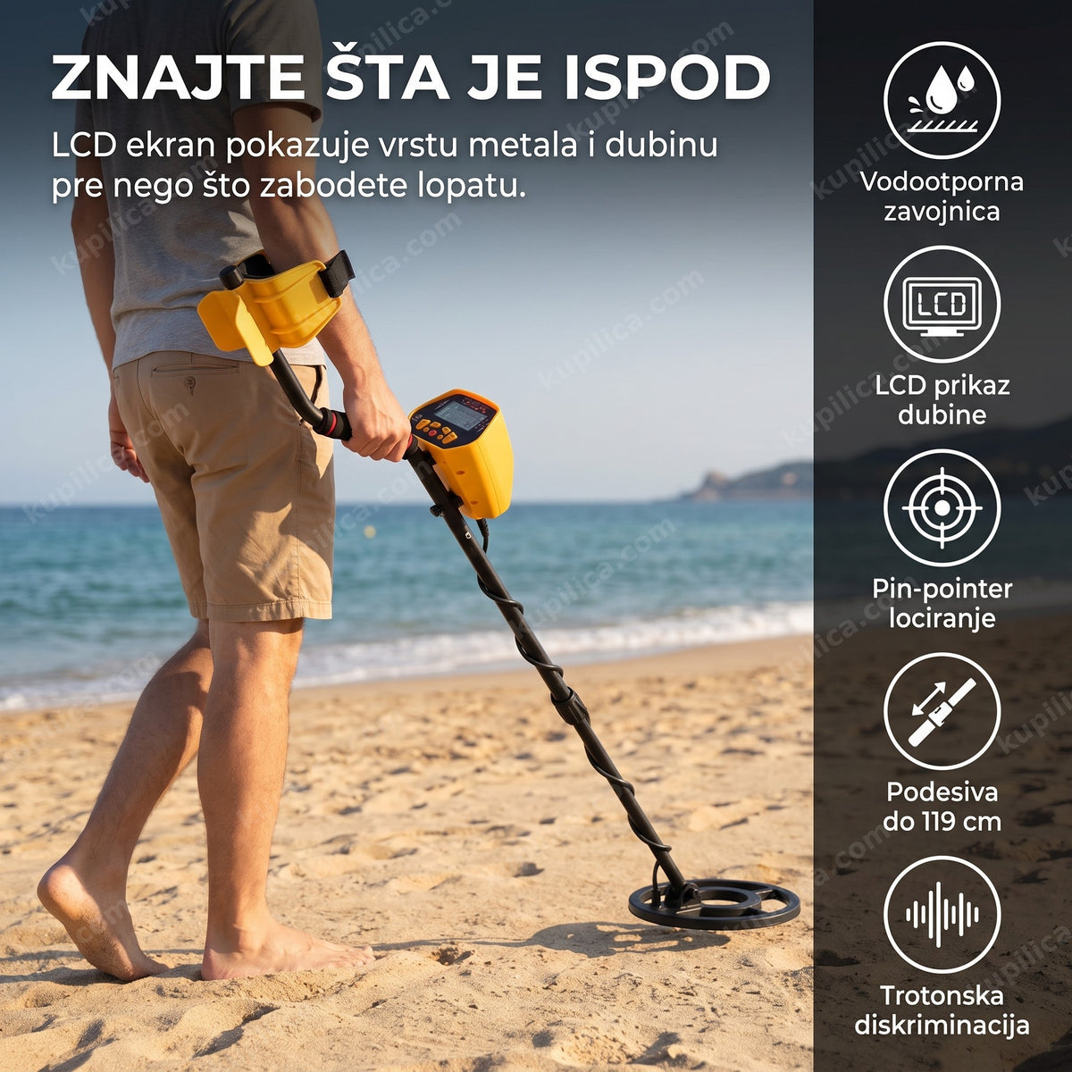 Detektor metala GC-1028 na plaži sa prikazom benefita proizvoda