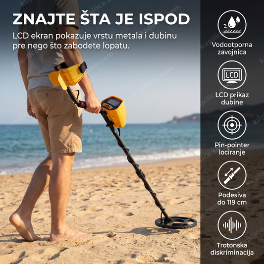 Detektor metala GC-1028 na plaži sa prikazom benefita proizvoda