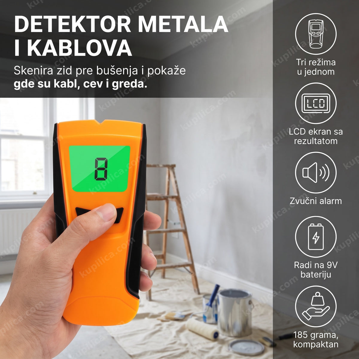 Narandžasti detektor metala i kablova sa LCD ekranom u renoviranom stanu – benefiti proizvoda