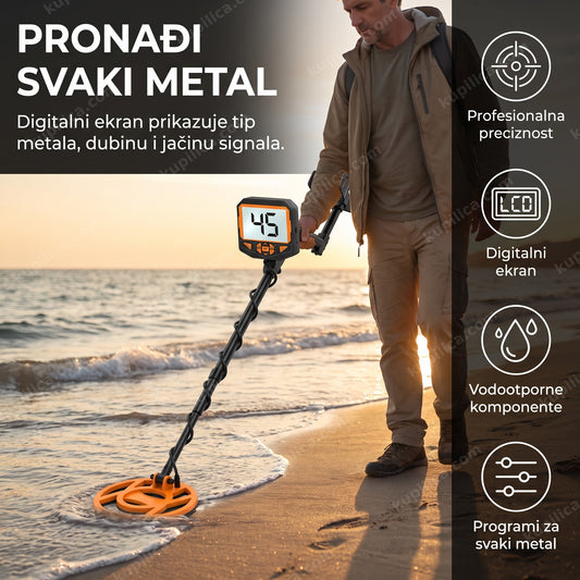 detektor metala pro orange digital na plaži u rukama tragača za blagom — benefiti proizvoda