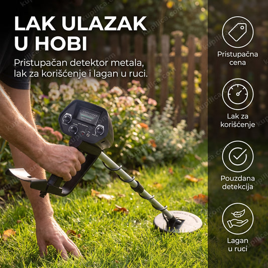 detektor metala za početnike underground basic, odrasla osoba sa detektorom u dvorištu, benefiti proizvoda