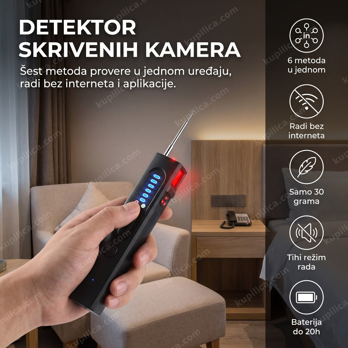 Detektor skrivenih kamera u ruci u hotelskoj sobi i benefiti proizvoda