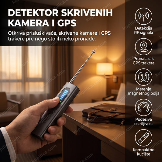 Detektor skrivenih kamera i prisluškivača u ruci u hotelskoj sobi, benefiti proizvoda